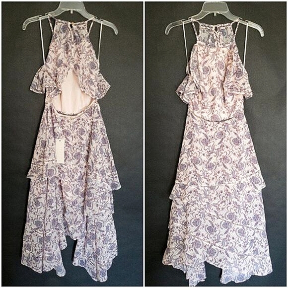 Keepsake Lovers Holiday Floral Ruffled Open Back Lace Trim Asymmetrical Dress - Picture 7 of 15